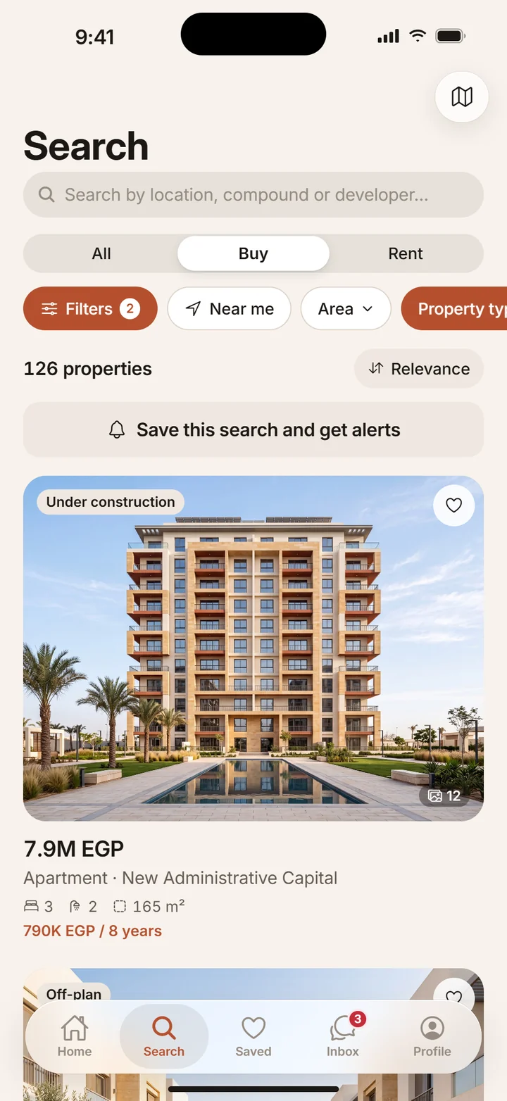 Search filters for area, budget and property details